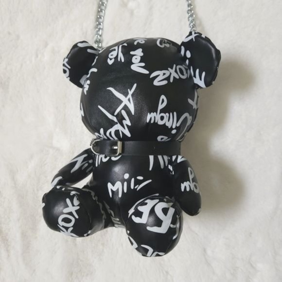 Letter Print Bear Doll Shape Shoulder Bag, Zipper FauxLeather Buckled Chain Cr - Picture 4 of 13